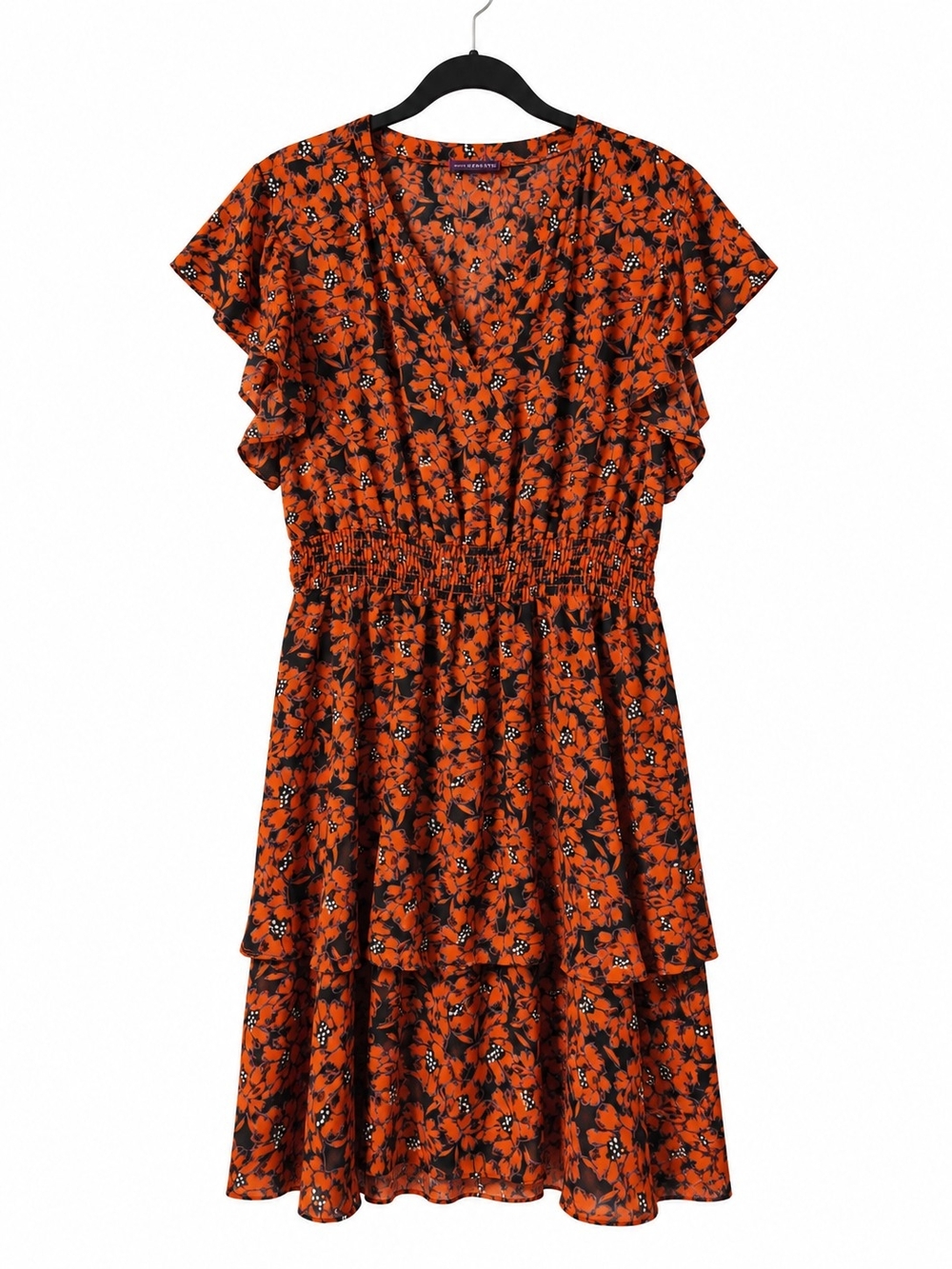 West Kei Orange Floral Tiered Dress with Smocked Waist